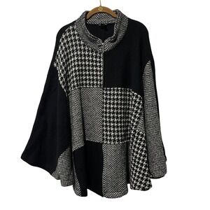 Katie Todd Patchwork Wool Poncho Large XL Black White Houndstooth Herringbone